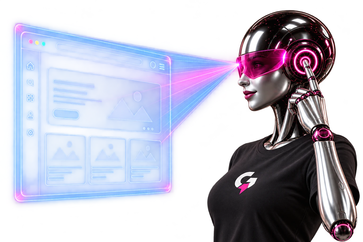 GrowthBoost AI robot scanning a floating holographic website.