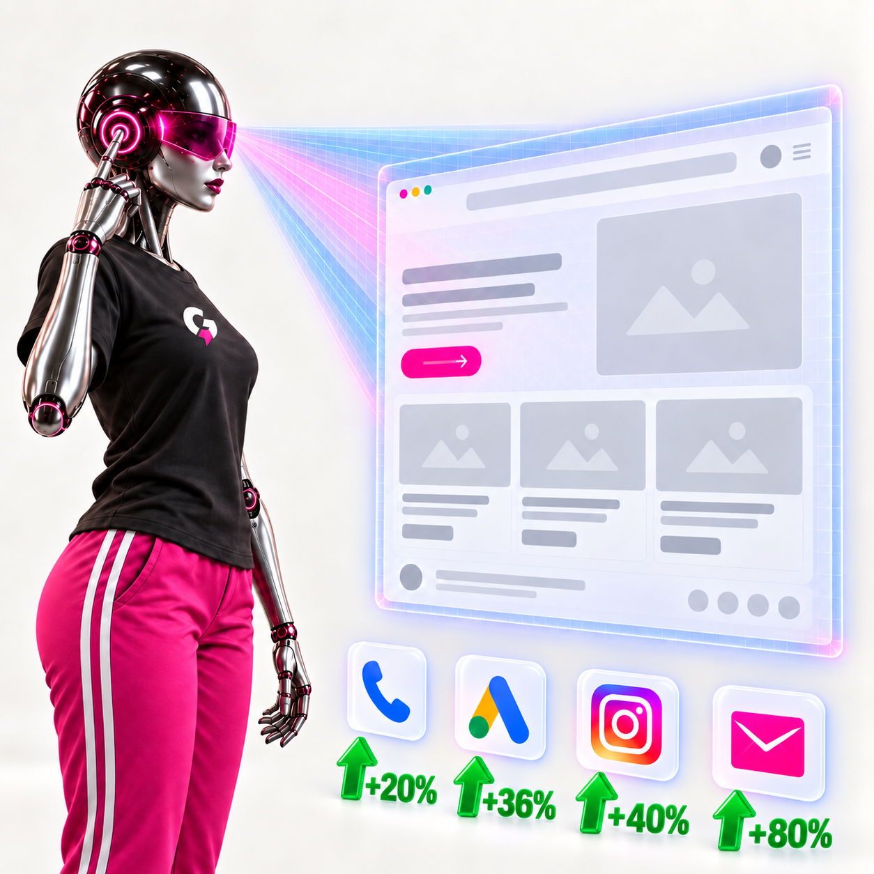 GrowthBoost AI robot scans a website. Green upward arrows illustrate increases beside the channel icons: phone calls +20%, Google Ads +36%, Instagram +40%, and email +80%.