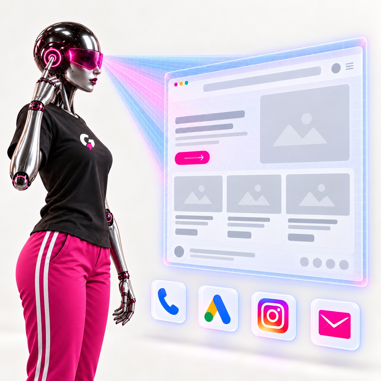 Side-profile GrowthBoost AI robot activates her visor scanner beside her right ear. Blue and fuchsia beams scan a website beside telephone, Google Ads, Instagram and email icons.