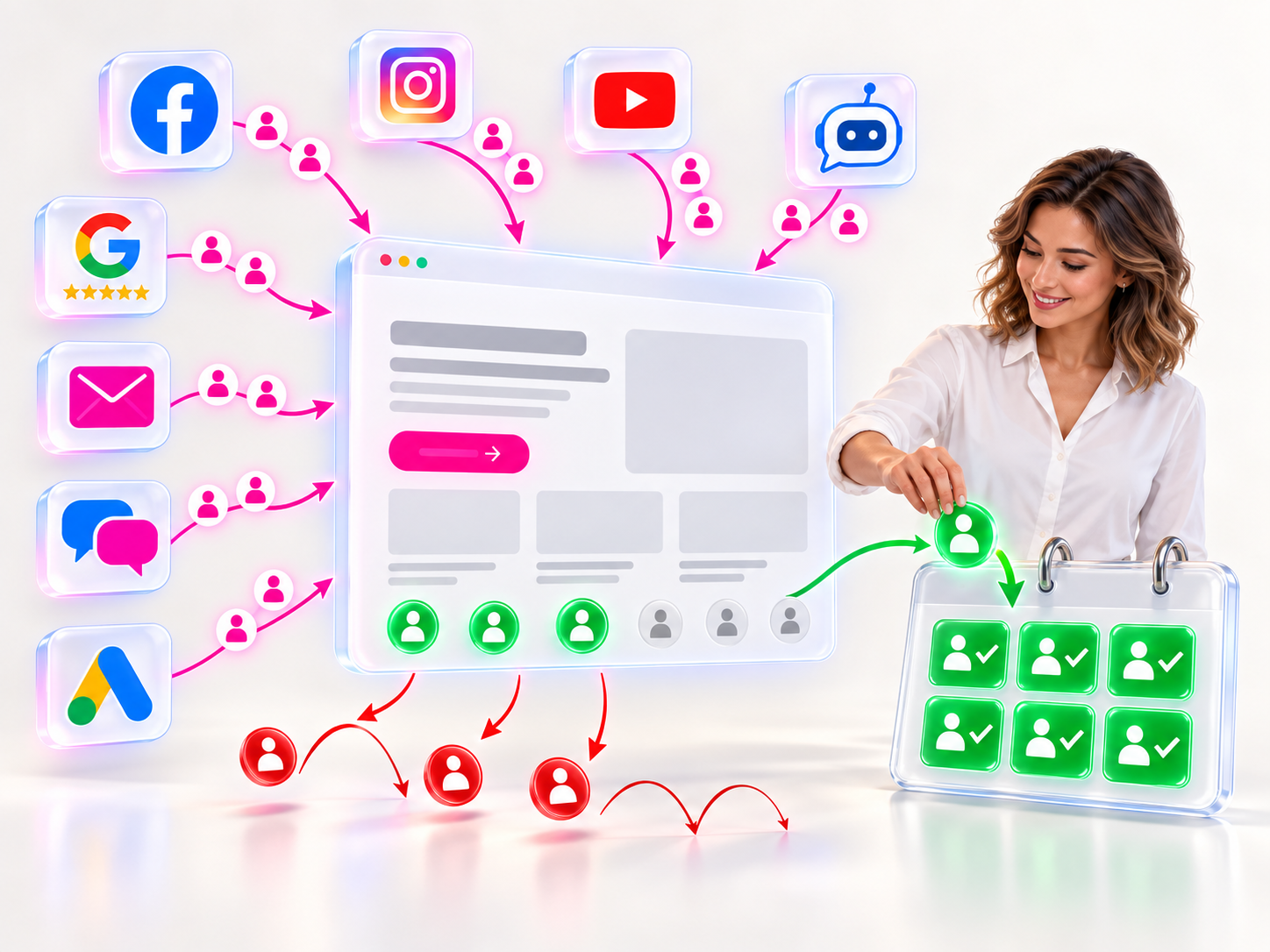 People arrive at a website from Facebook, Instagram, YouTube, a chatbot, Google Reviews, email, SMS and Google Ads. A business owner moves green visitors into checked appointments, while red visitors bounce away.