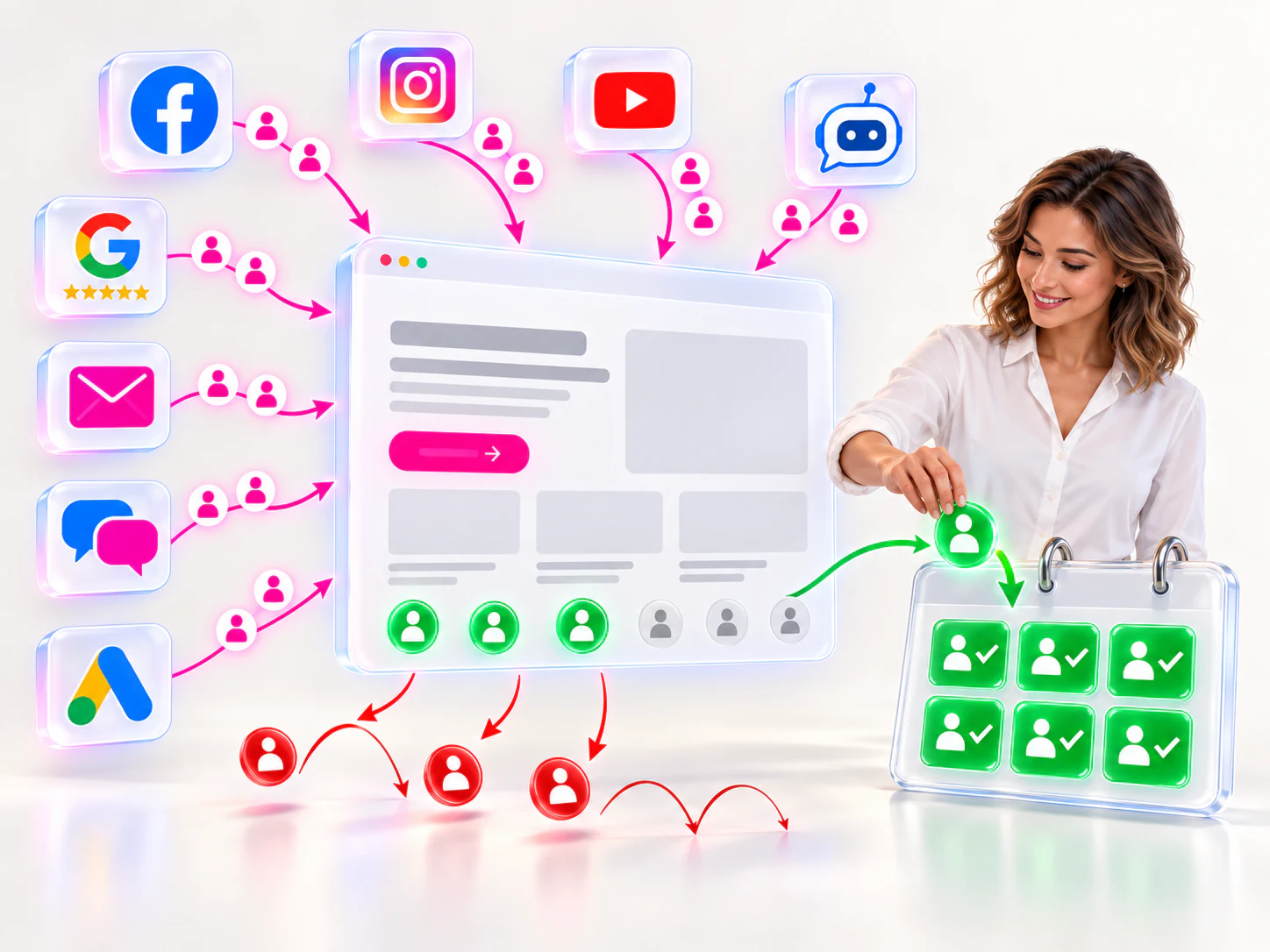 People arrive at a website from Facebook, Instagram, YouTube, a chatbot, Google Reviews, email, SMS and Google Ads. A business owner moves green visitors into checked appointments, while red visitors bounce away.
