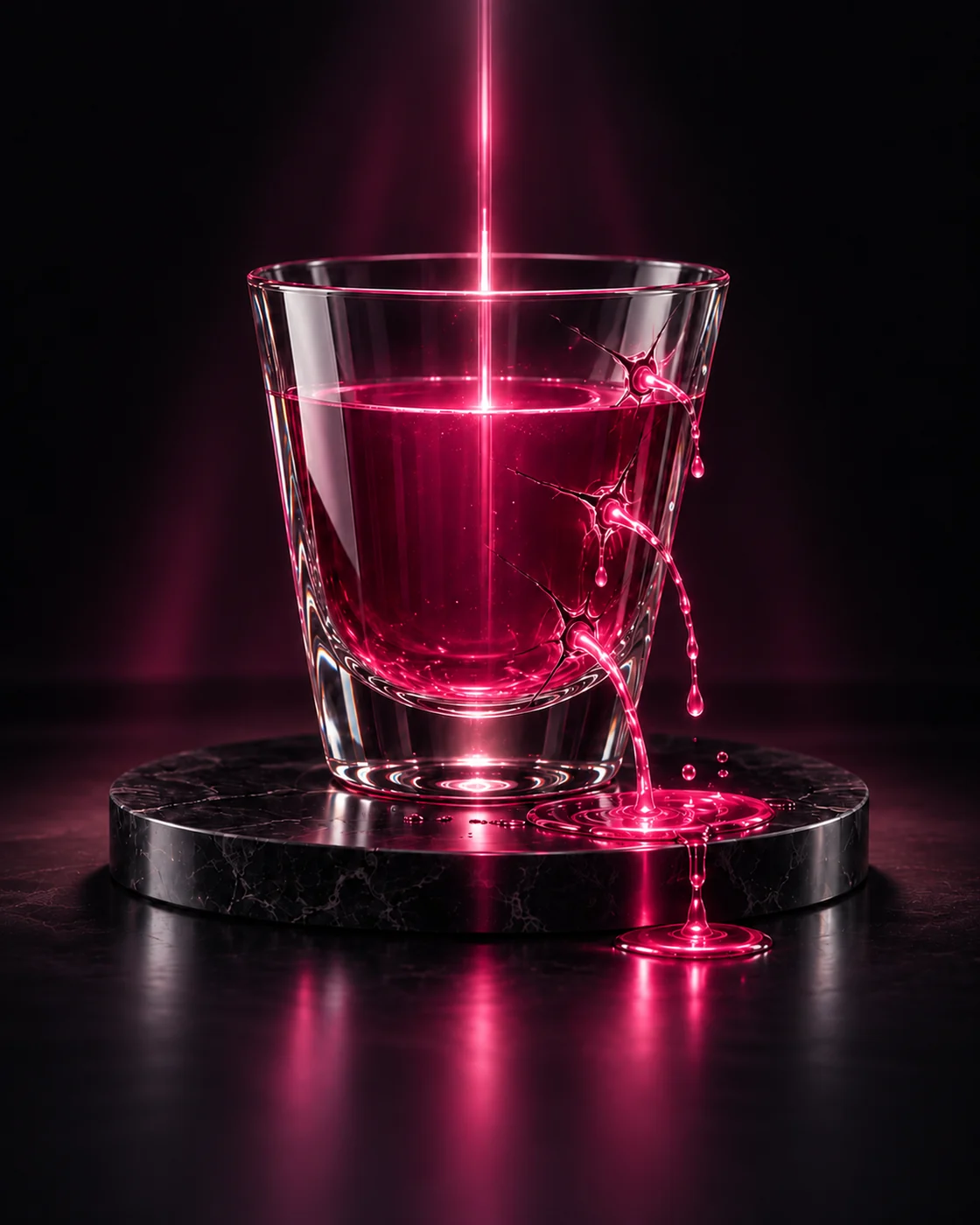 A crystal vessel holding pink liquid leaks through three cracks, illustrating enquiries and potential revenue slipping away.