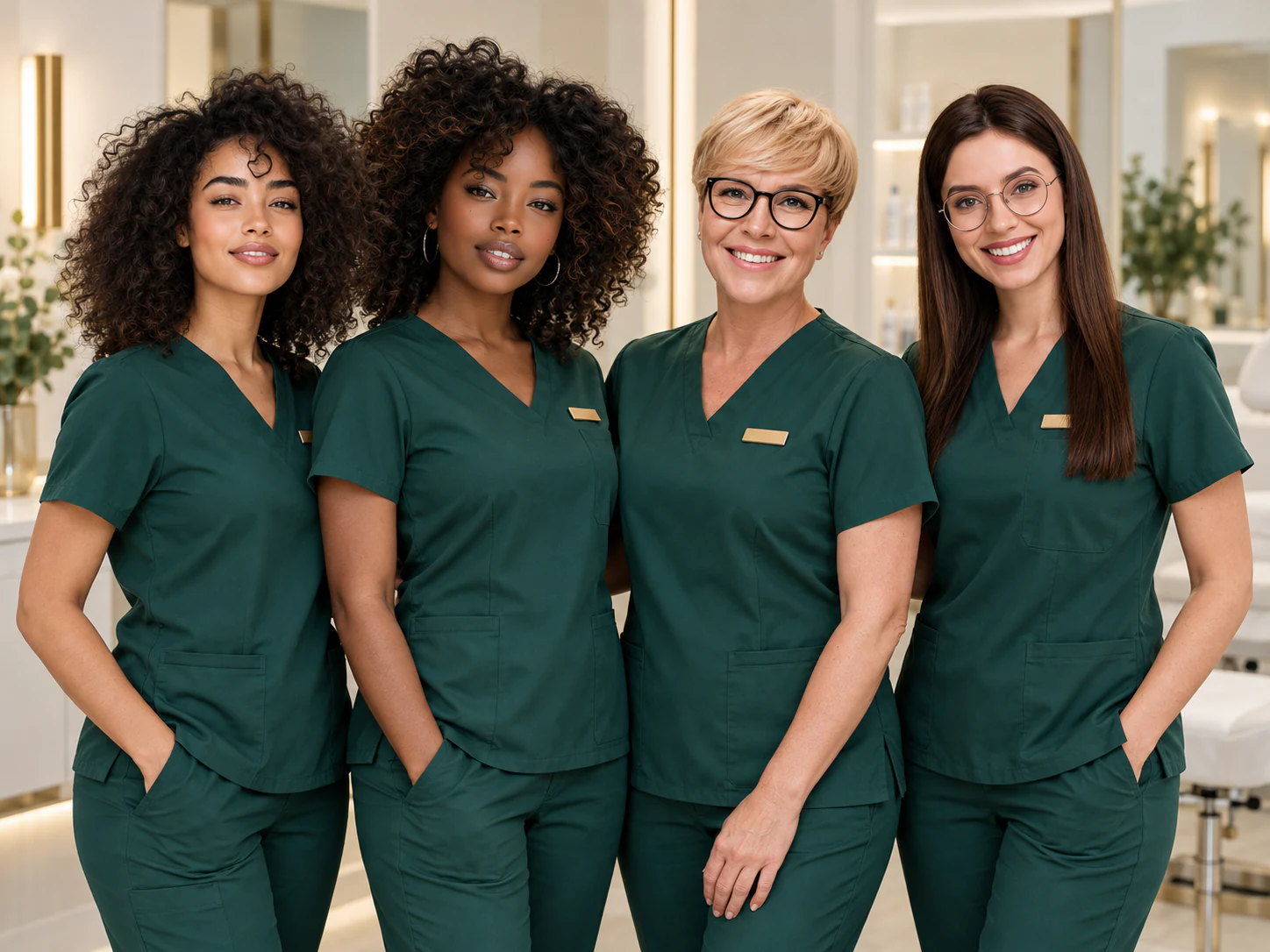 Four smiling women in emerald-green scrubs with gold name badges stand together in a bright, modern aesthetics clinic.
