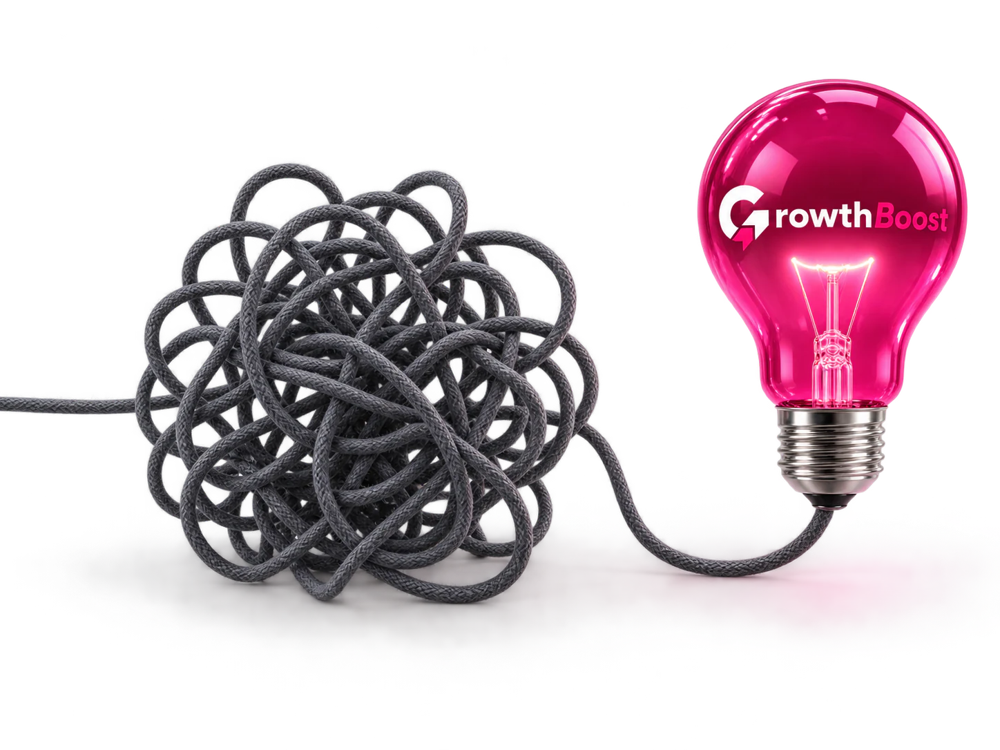 Tangled dark-grey string becomes a single clear line leading to a glowing fuchsia lightbulb bearing the GrowthBoost logo.