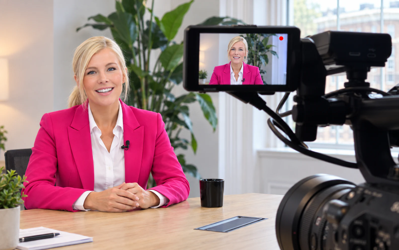 A smiling blonde woman with tied-back hair and a fuchsia jacket speaks at a desk during a professional video shoot, with her image visible on the camera monitor.