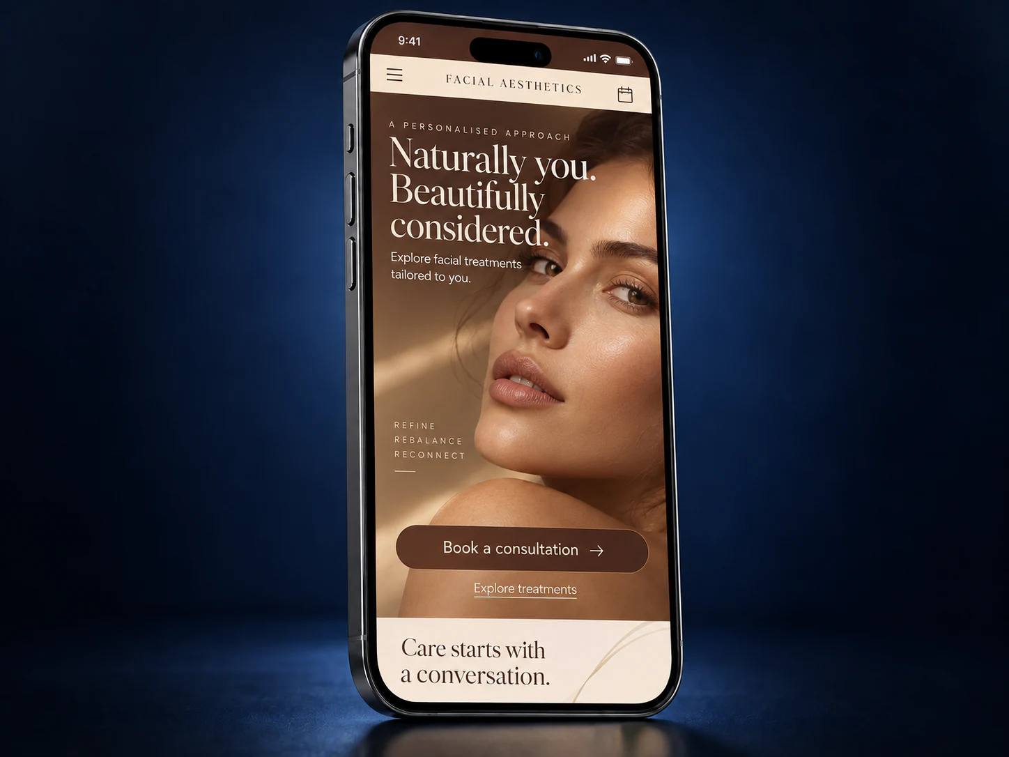 Champagne facial aesthetics mobile website on an iPhone against a navy studio background