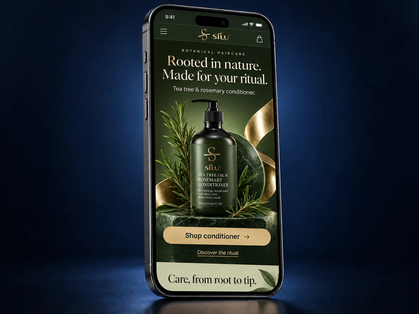 Green and gold botanical conditioner mobile website on an iPhone against a navy studio background