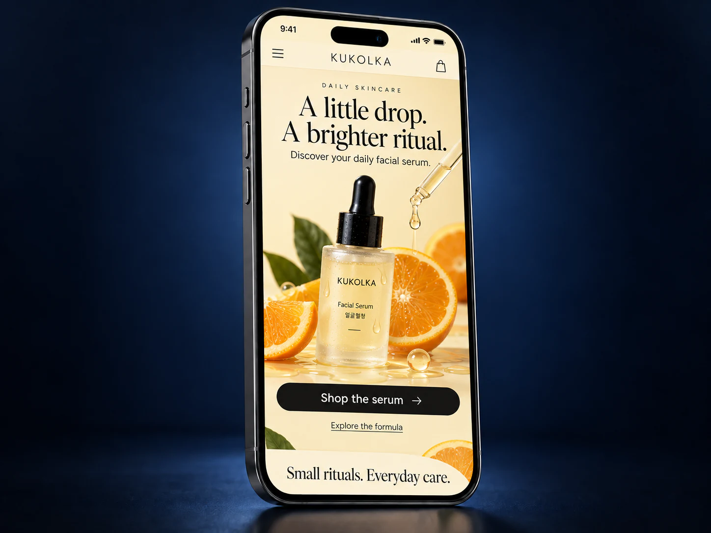 Citrus facial serum mobile website on an iPhone against a navy studio background