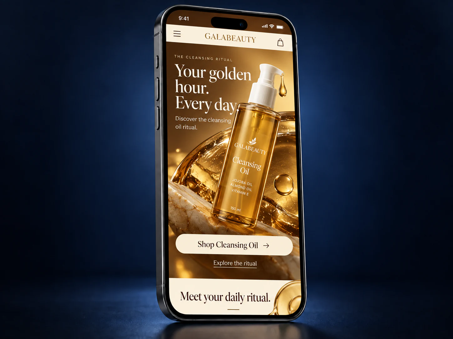 Gold cleansing oil mobile website on an iPhone against a navy studio background