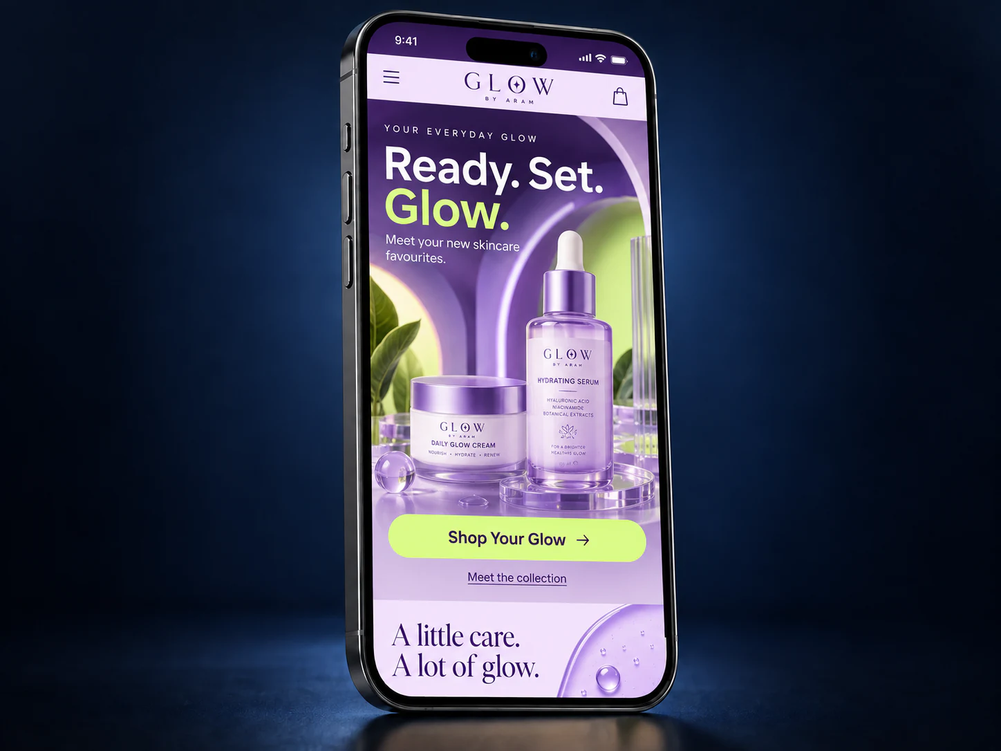 Lavender and lime skincare mobile website on an iPhone against a navy studio background