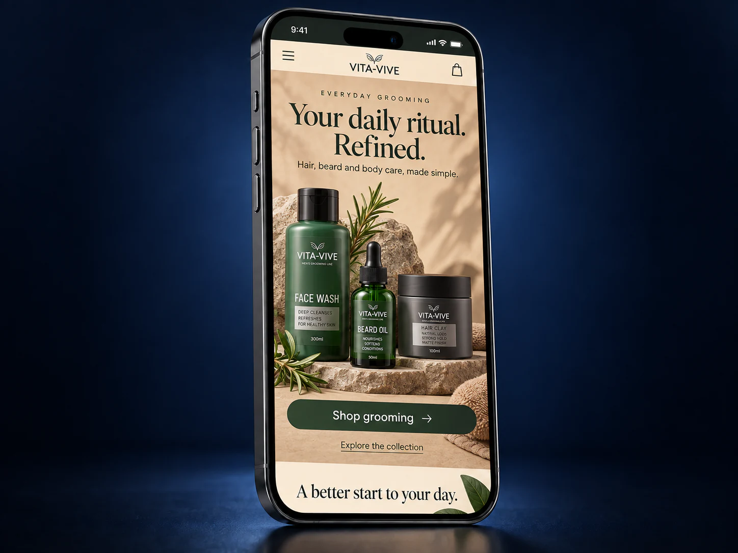 Forest green men’s grooming mobile website on an iPhone against a navy studio background