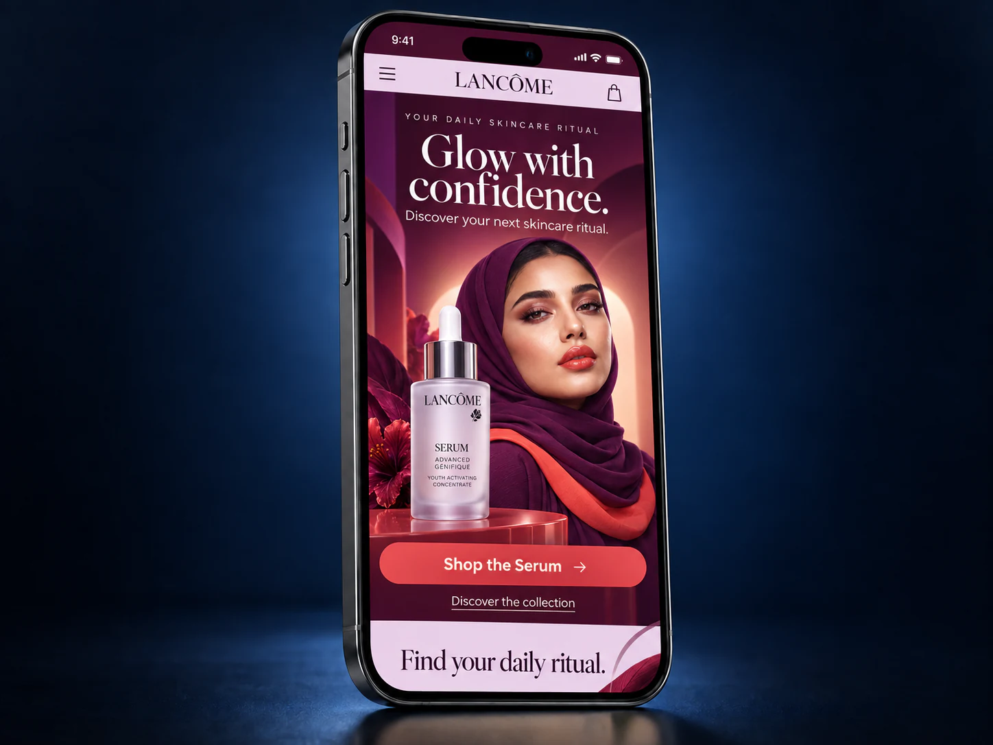 Plum and coral serum mobile website on an iPhone against a navy studio background