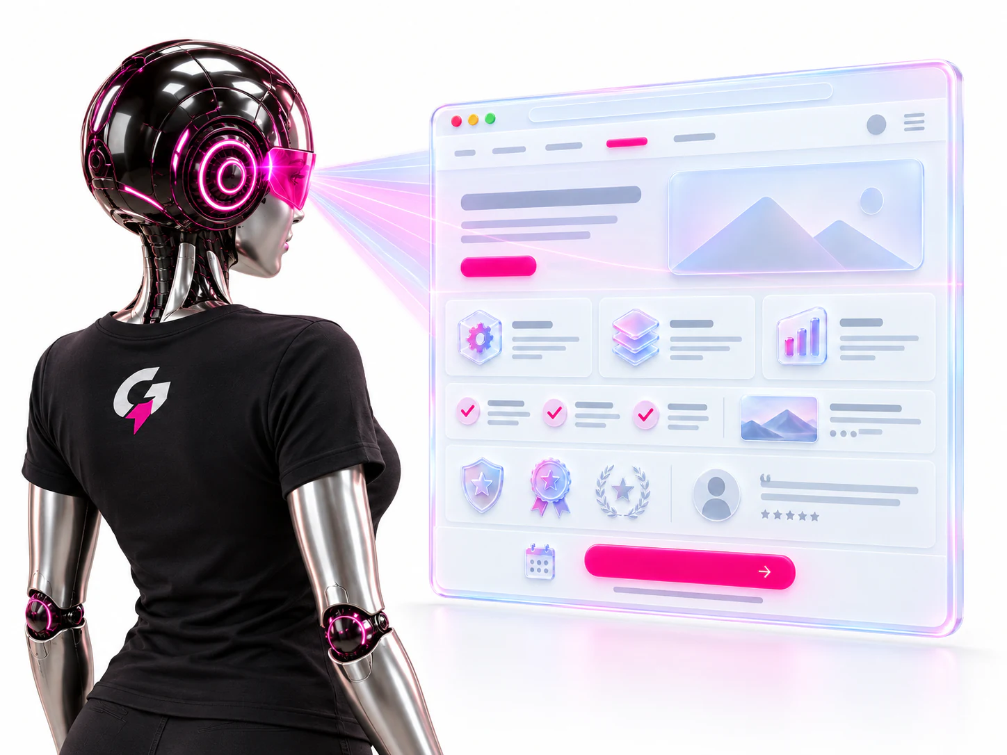 Female AI robot viewed over her left shoulder, scanning a glass website wireframe with fuchsia light.